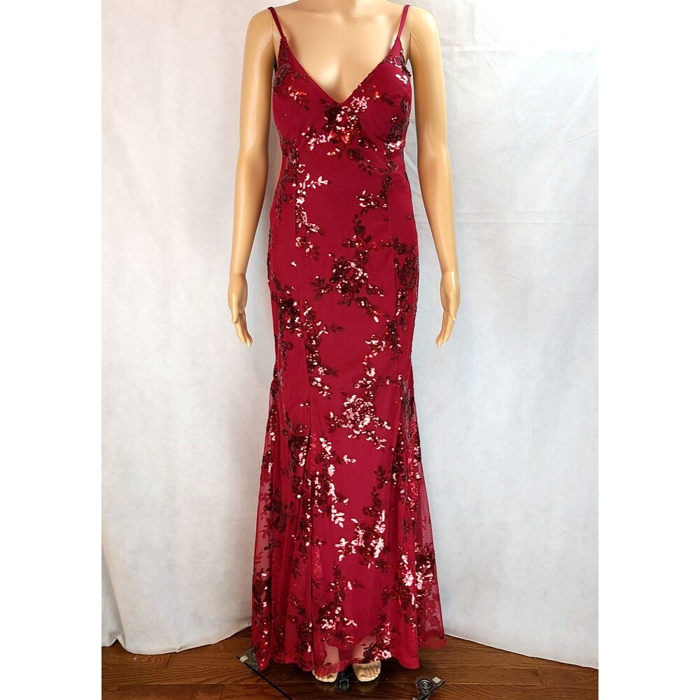 New Special Occasion (6) Burgundy Floral Sequins Spaghetti Strap Mermaid Gown